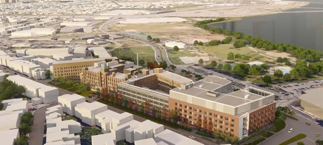 Vue aérienne d'un complexe institutionnel moderne en béton.