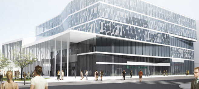 Entrée  d'hôpital Charles Lemoyne avec fenêtre et balcons en verre et béton